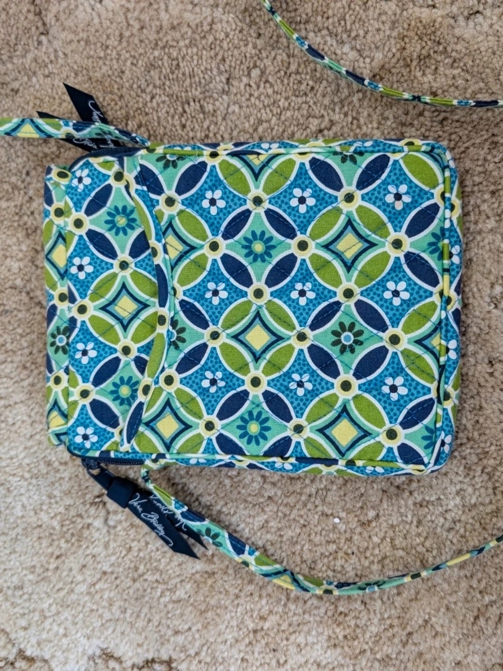 Vera Bradley Quilted Cotton Crossbody Wallet Bag Blue Green Floral - Picture 3 of 5